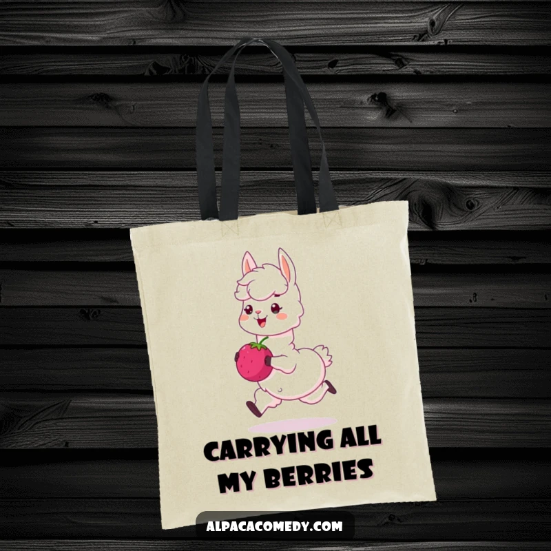 Funny tote bag: A happy alpaca character is captured mid-skip with a giant, sweet berry, perfect for adding humor to errands.