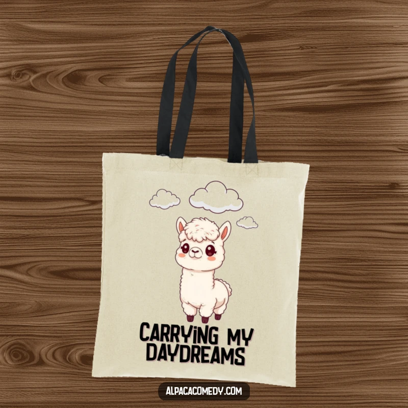 Funny Alpaca Tote Bag: An alpaca looking upwards with a funny, curious expression at the fluffy clouds.