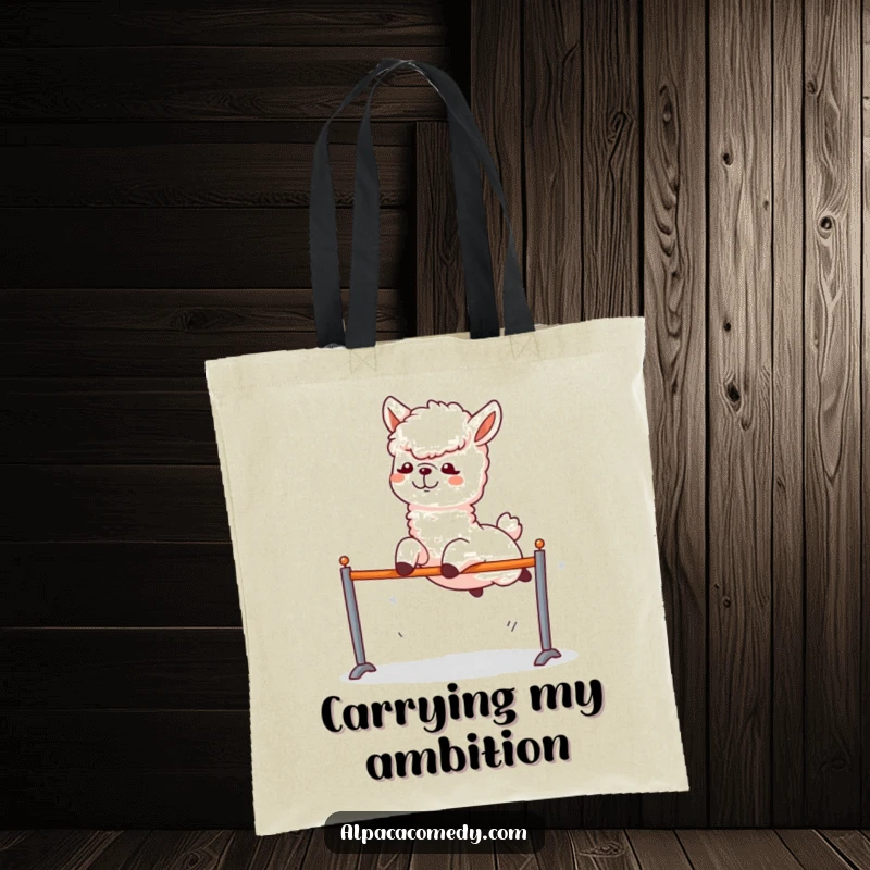 Funny Alpaca Tote Bag: An excited alpaca performing a funny, high leap over a small hurdle.