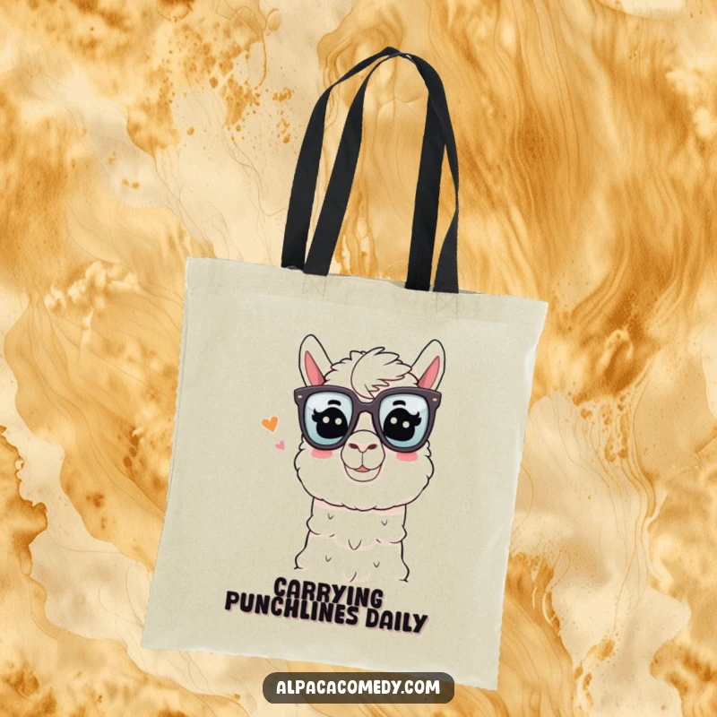 Funny Alpaca Tote Bag: An alpaca wearing comedy glasses and winking playfully while telling a joke, ideal for carrying funny essentials.