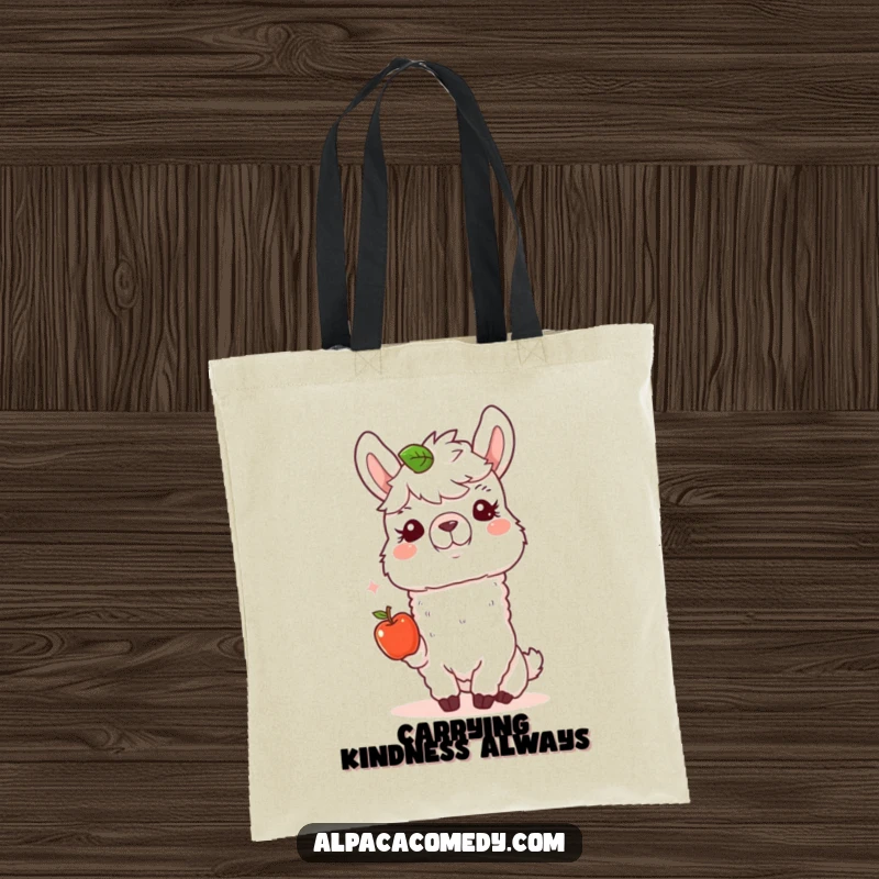 Funny Alpaca Tote Bag: A happy alpaca offers a tiny apple with a kind expression, symbolizing generosity and good vibes.