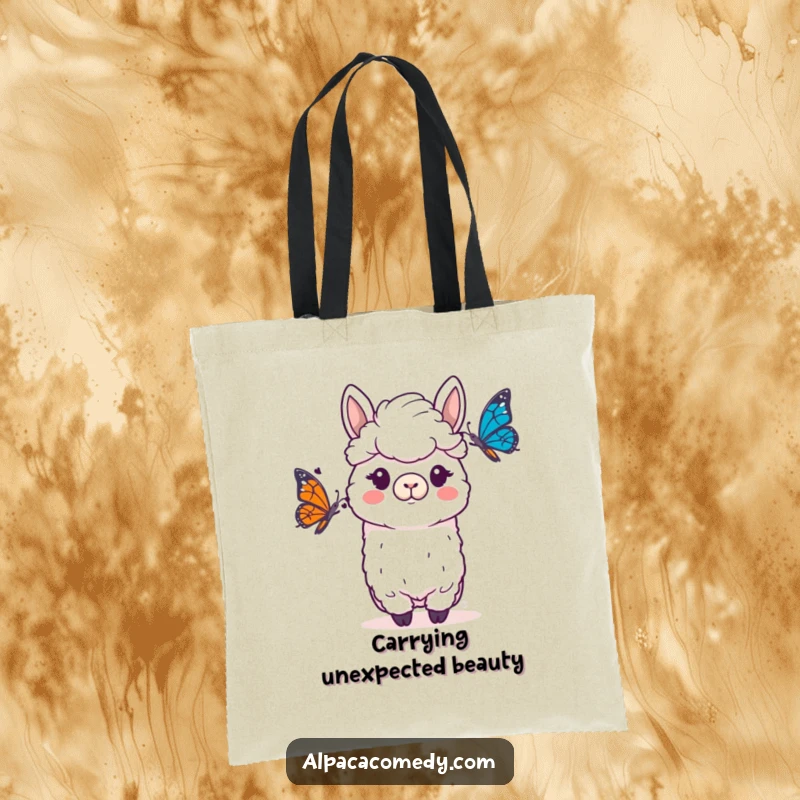 Funny Alpaca Tote Bag: An alpaca with a funny, wide-eyed expression of surprise at a fluttering butterfly.
