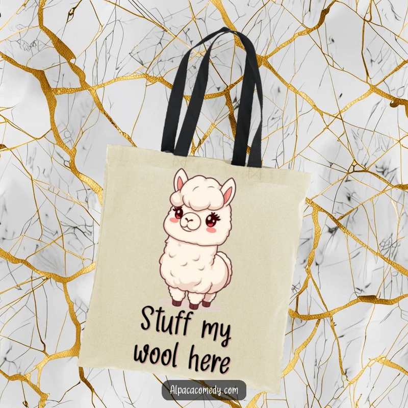 Funny tote bag depicting a kind alpaca offering a generous amount of its soft, fluffy wool, great for shopping.