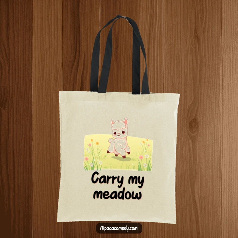 Funny tote bag with an energetic baby alpaca prancing through a meadow, ideal for carrying items with cute humor.