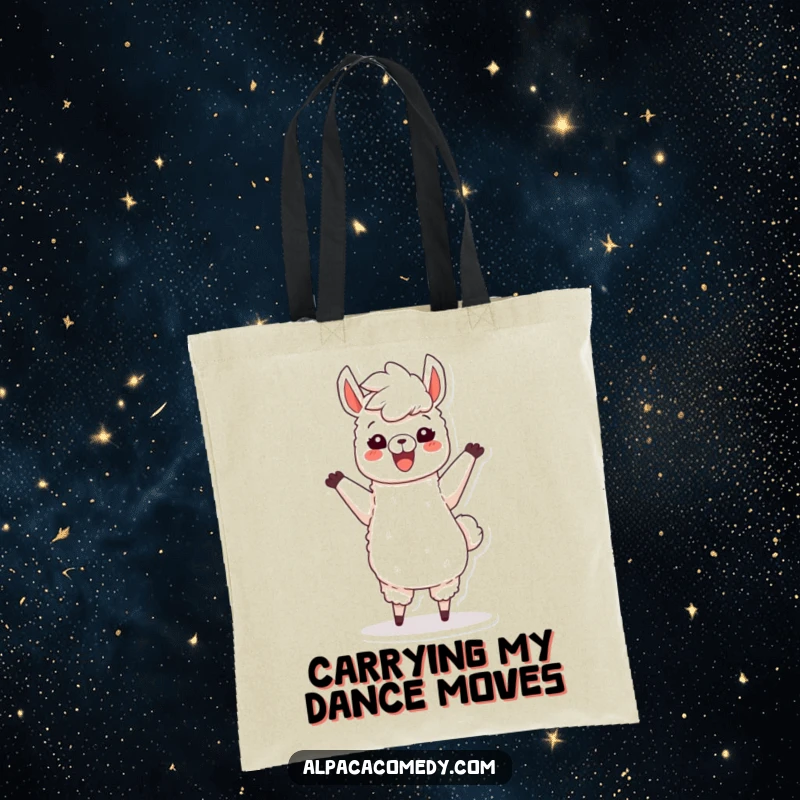 Funny tote bag depicting a happy alpaca character joyfully dancing, fluffy mane airborne, ready to carry your items with glee.