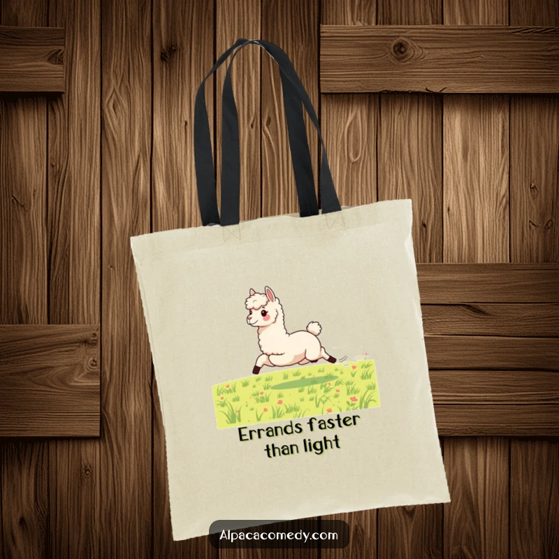 Funny tote bag featuring an energetic alpaca galloping with speed across a grassy field, perfect for carrying belongings with spirited flair.
