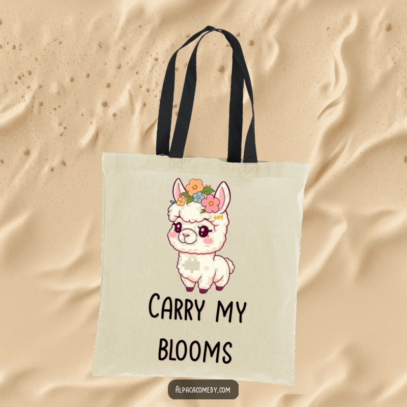 Funny tote bag featuring a playful alpaca wearing a flower crown, ideal for carrying items with cute and floral humor.