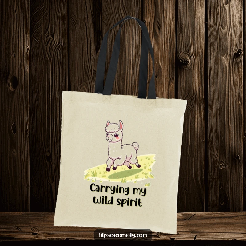 Funny alpaca with windblown fleece joyfully galloping, illustrated on a durable tote bag for a comical carry-all.