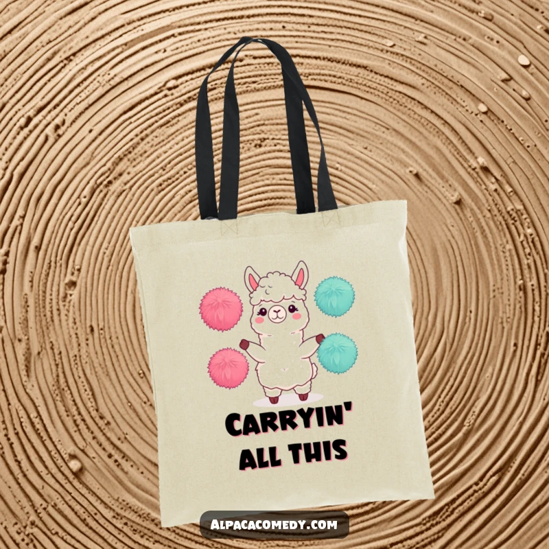 Funny tote bag featuring an alpaca character adeptly juggling three fuzzy pom-poms, showcasing dexterity and a playful, energetic vibe.