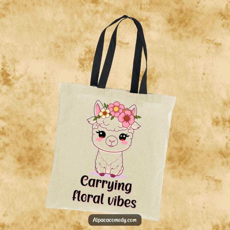 Funny Kawaii alpaca tote bag, proudly wearing a flower crown with soft, endearing eyes, perfect for carrying daily essentials with flair.