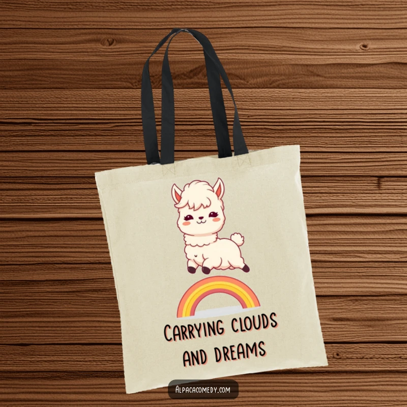 Funny Tote Bag: Charming kawaii alpaca leaping over a bright rainbow, mane flowing, ready to carry your day's treasures humorously.