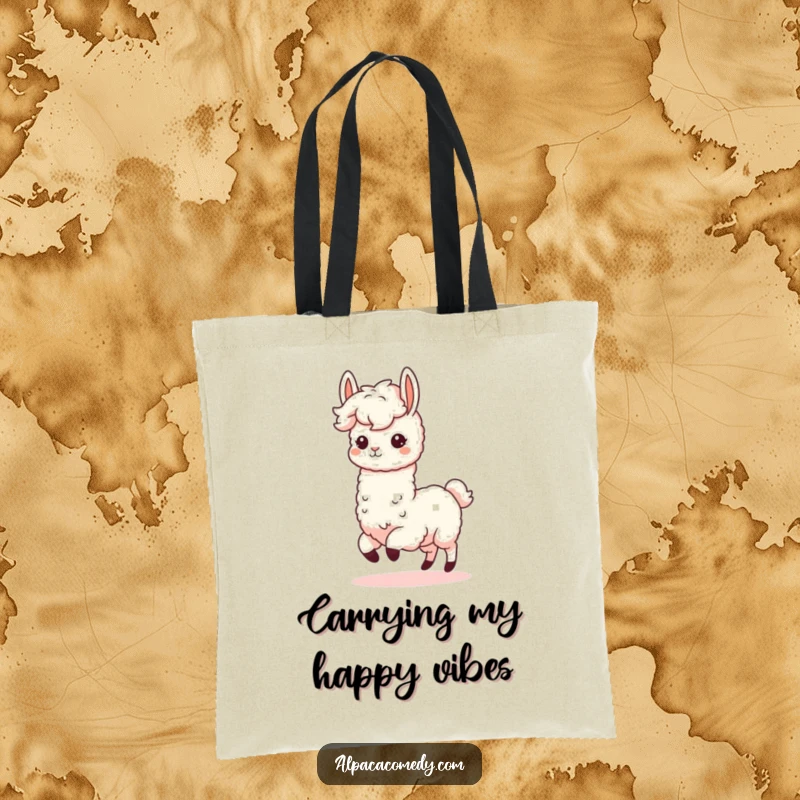 Funny Kawaii Alpaca Tote Bag featuring a fluffy-maned alpaca in an energetic prance, a delightful and humorous accessory for daily use.
