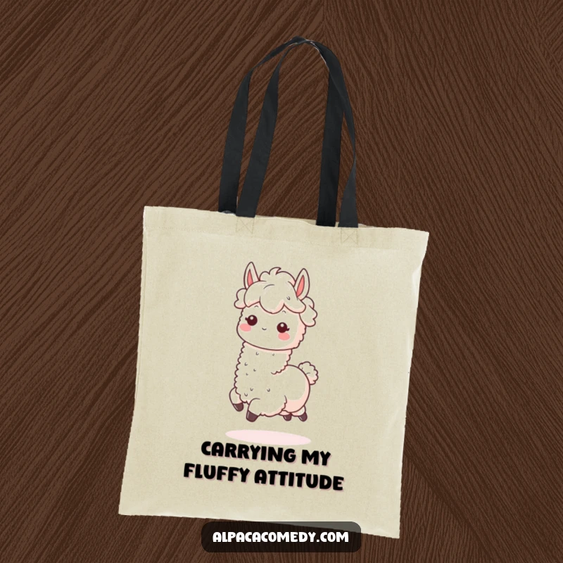 Funny Kawaii Alpaca Tote Bag showcasing a fluffy-maned alpaca in a happy prancing pose, perfect for stylish, humorous shopping.