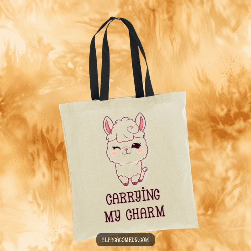 Funny Kawaii Alpaca Tote Bag featuring a charming alpaca winking with long eyelashes, perfect for stylish, humorous shopping.