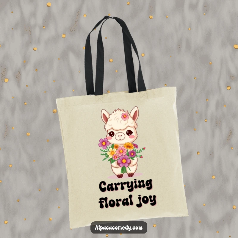 Funny smiling alpaca proudly holding a vibrant flower bouquet, illustrated on a durable tote bag for a humorous accessory.