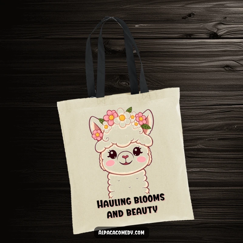 Funny Tote Bag: Charming kawaii alpaca with soft eyes, adorned with a flower crown, perfect for carrying essentials gracefully.