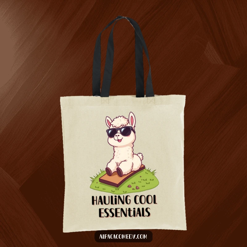 Funny tote bag featuring a cool alpaca wearing sunglasses, sliding down a grassy hill, perfect for carrying items with style.