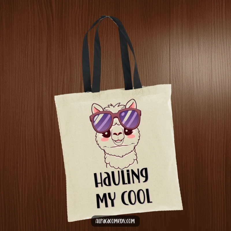 Funny Kawaii Alpaca Tote Bag with a happy alpaca wearing oversized sunglasses, embodying a cool, carefree, and humorous attitude.