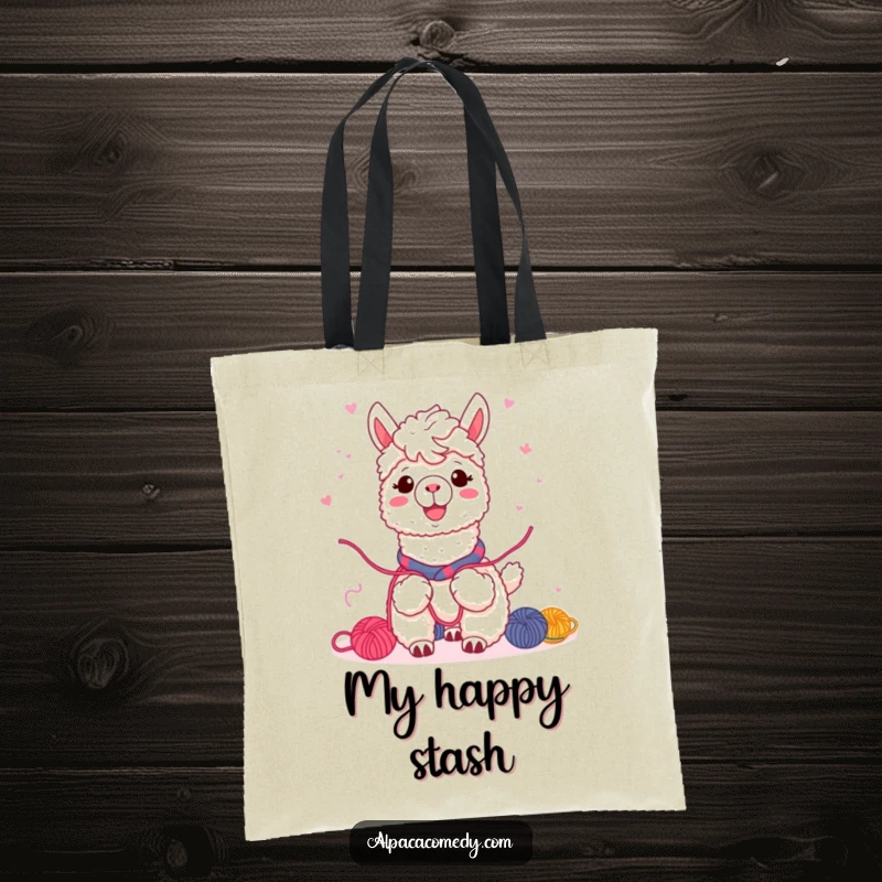 Funny Kawaii alpaca tote bag, enthusiastically sharing yarn, warm smile connecting with friends, perfect for carrying essentials with a message of unity.
