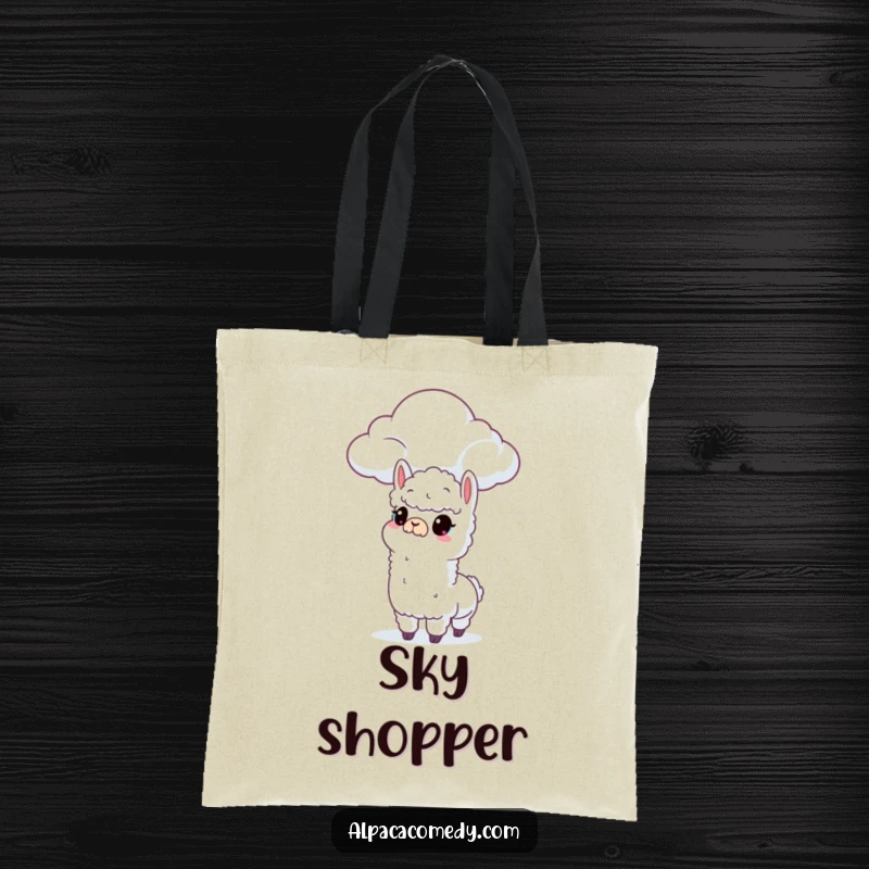 Funny tote bag featuring a curious alpaca looking up at a fluffy, intriguing cloud, perfect for everyday use.