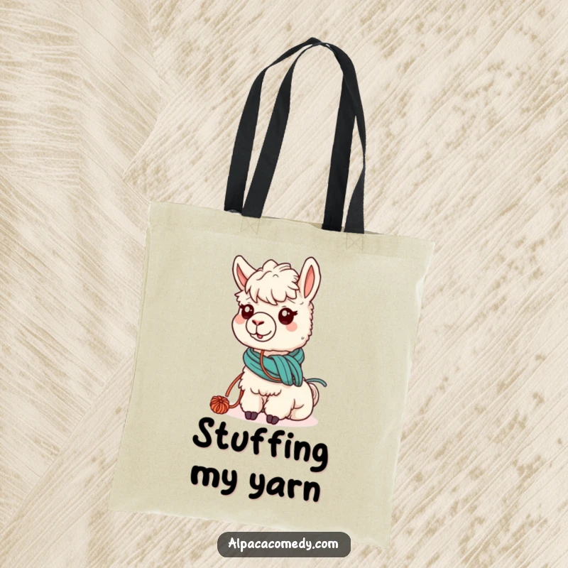 Funny tote bag with a kawaii alpaca humorously tangled in yarn, grazing peacefully, perfect for carrying craft supplies or daily items.
