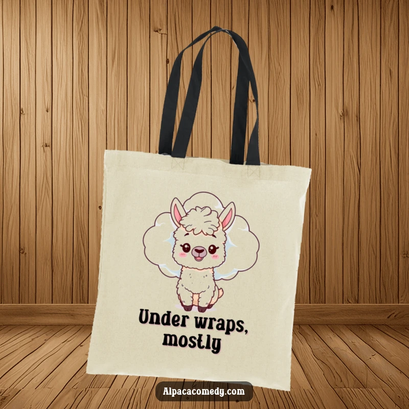 Funny Alpaca Tote Bag: A mischievous alpaca peeks from behind a fluffy cloud, designed for carrying essentials with a playful secret.