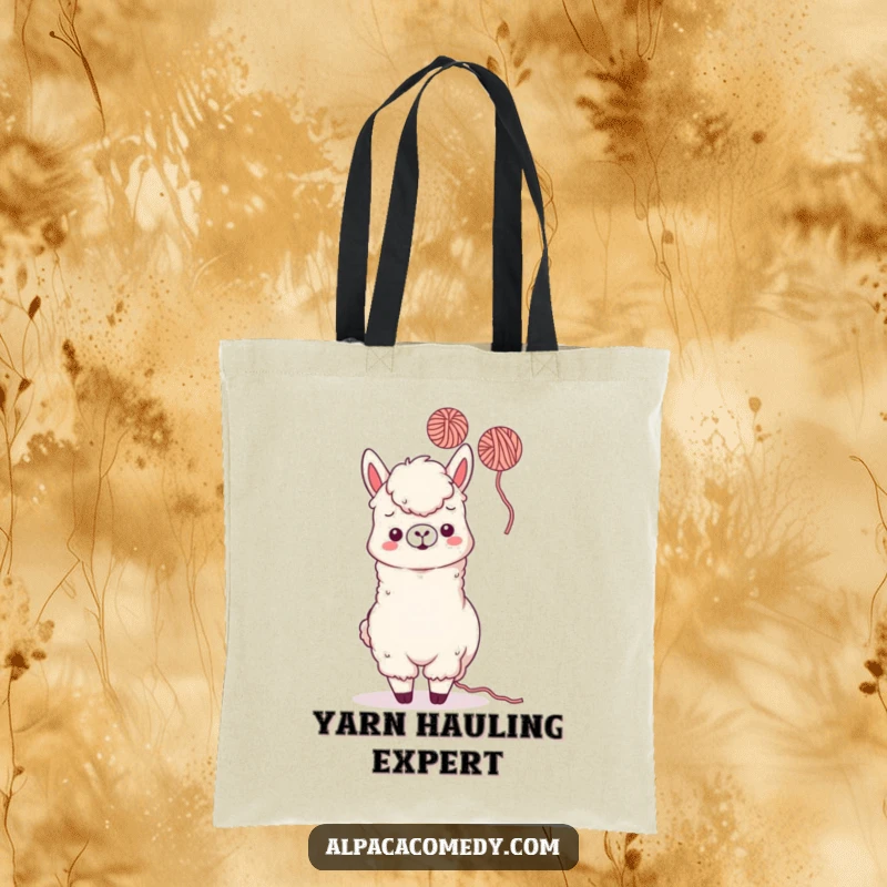 Funny Kawaii Alpaca Tote Bag with a playful alpaca tossing a ball of yarn, perfect for carrying items with a touch of humor and fun.